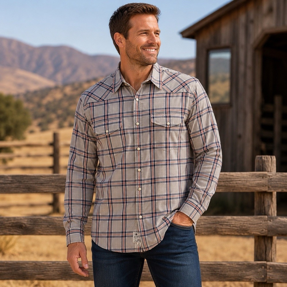Lucky Brand Western Pearl Snap Shirt Men M Gray Plaid Cotton Long Sleeve 45X4310